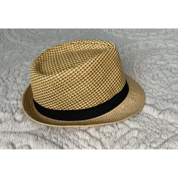 Straw Tan Fedora Hat with Black Ribbon Band 7/14 - Picture 4 of 4